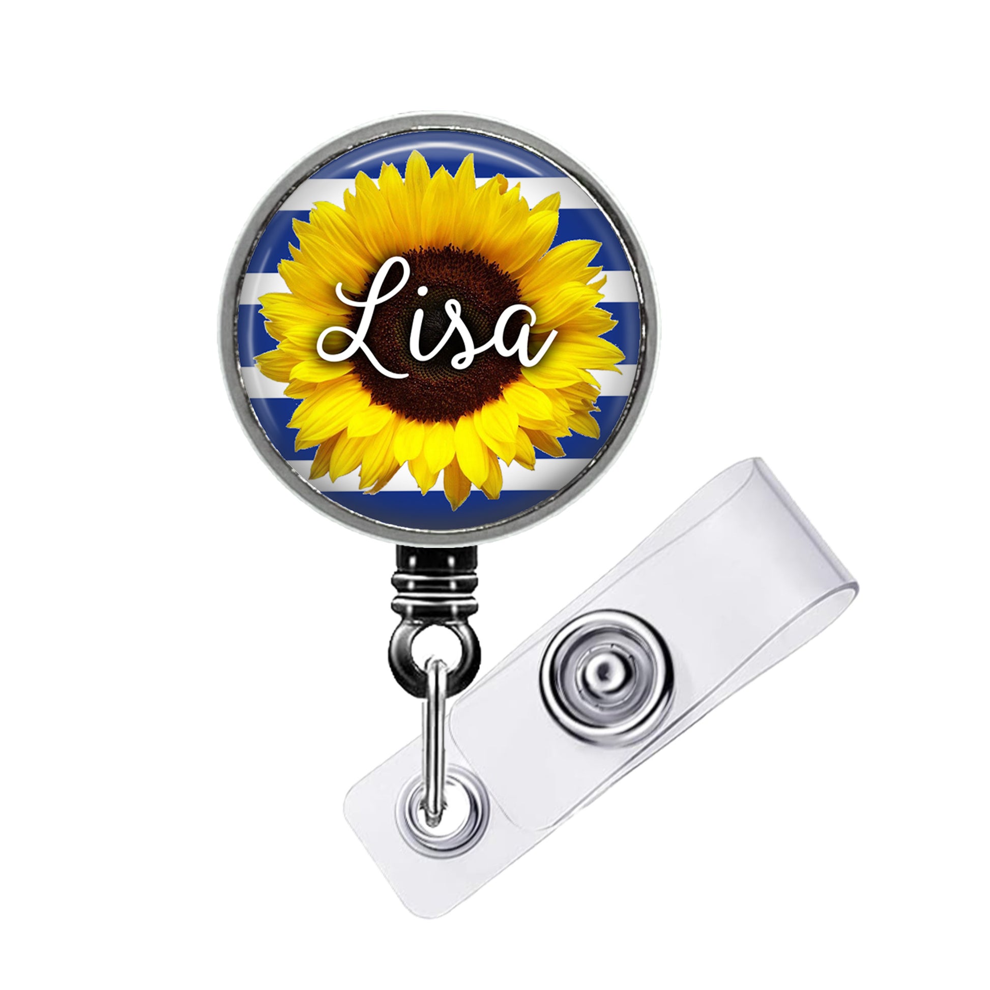 A round badge holder with a sunflower design and the name "Lisa" written on it.