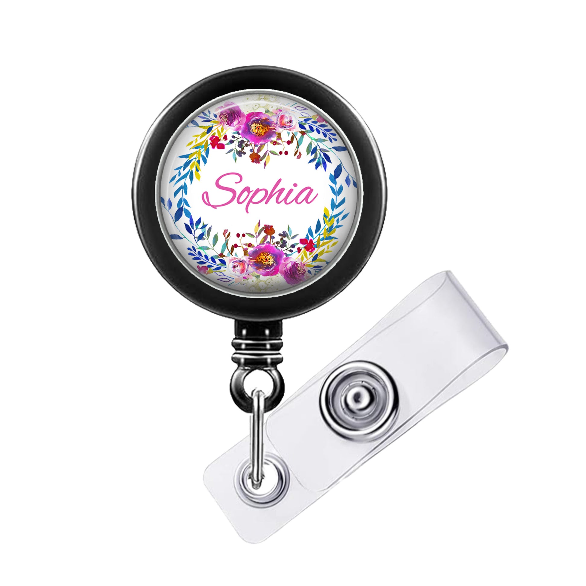 A personalized name badge with a floral design and the name "Sophia" printed on it.