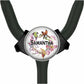 A stethoscope with a personalized nameplate featuring a floral design and a bird illustration.