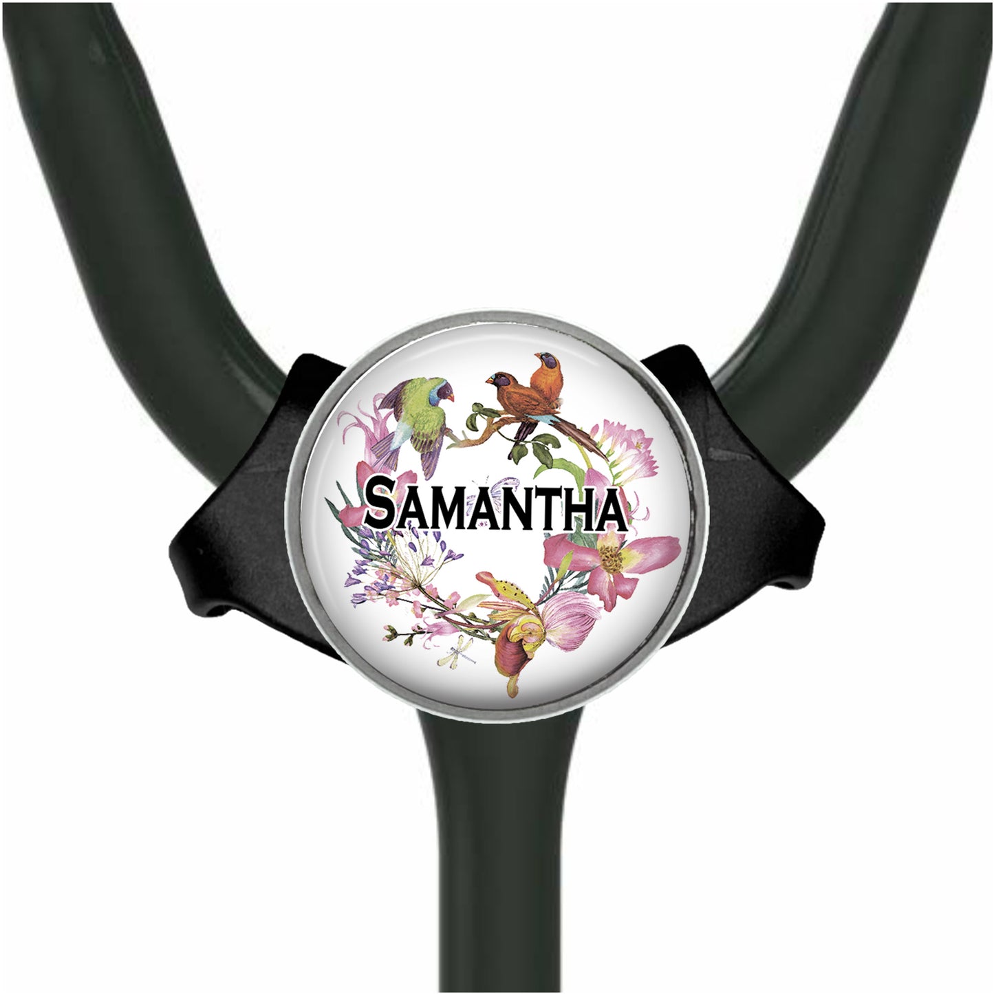 A stethoscope with a personalized nameplate featuring a floral design and a bird illustration.