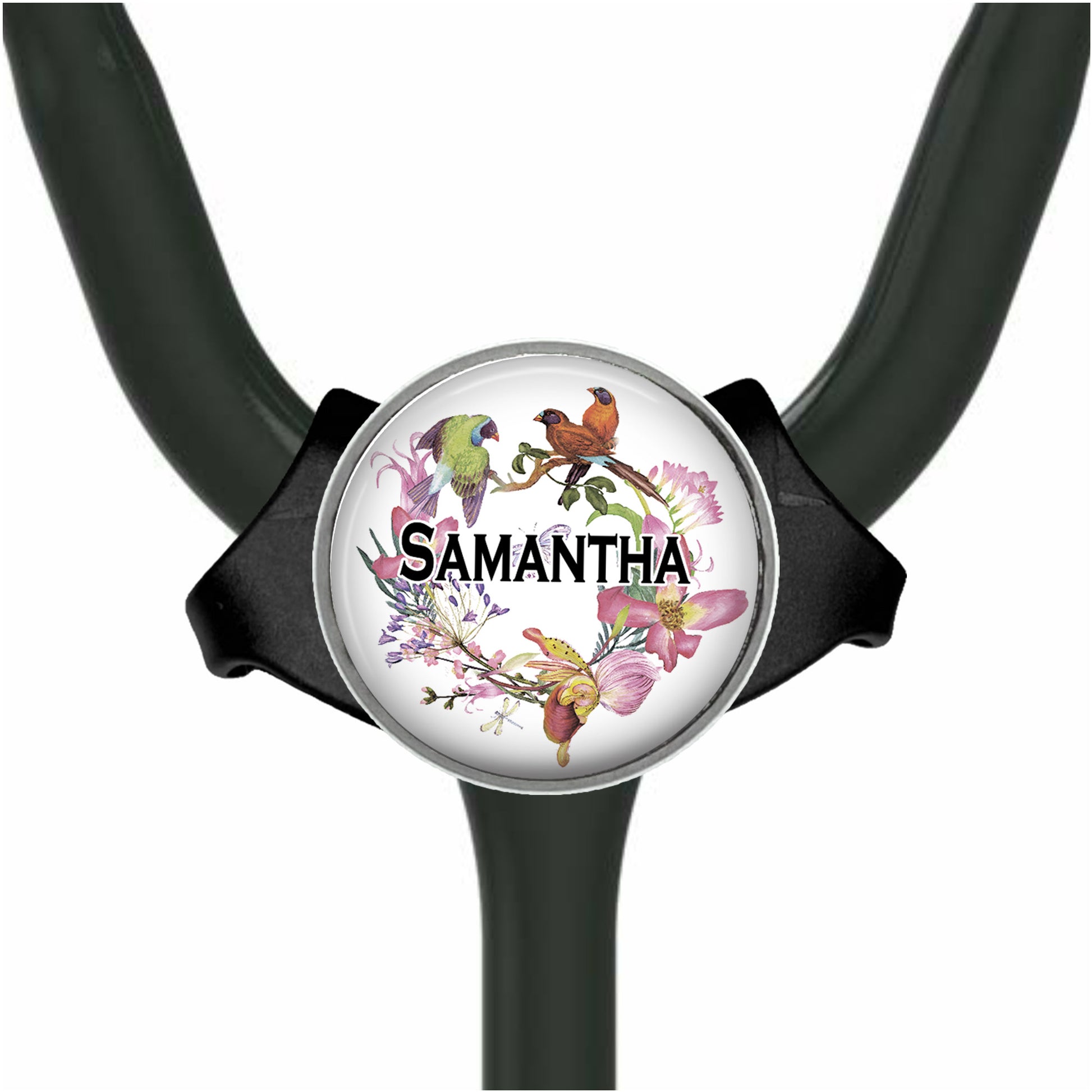 A stethoscope with a personalized nameplate featuring a floral design and a bird illustration.