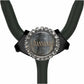 A black stethoscope with a silver and crystal-encrusted name tag attached to it.
