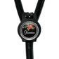 A black stethoscope with a personalized name badge attached to it.