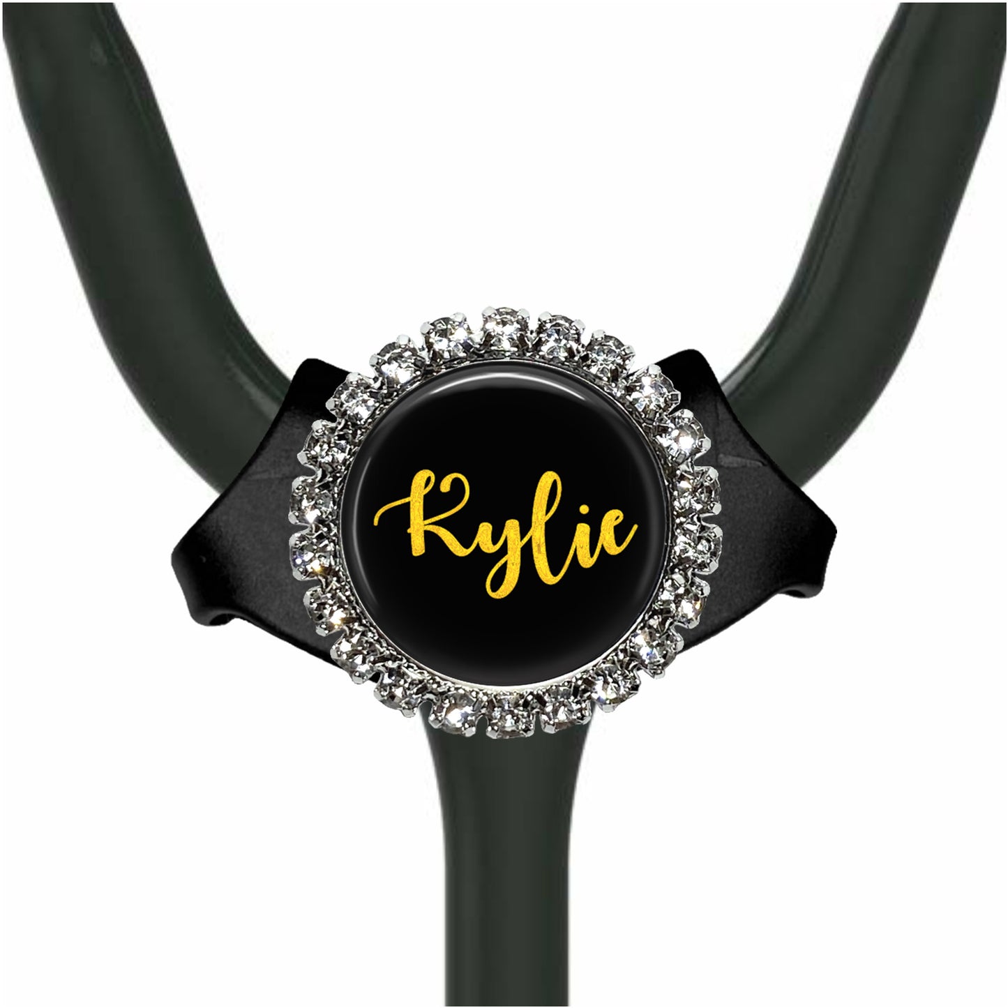 A black and silver stethoscope with a personalized name badge attached to it.