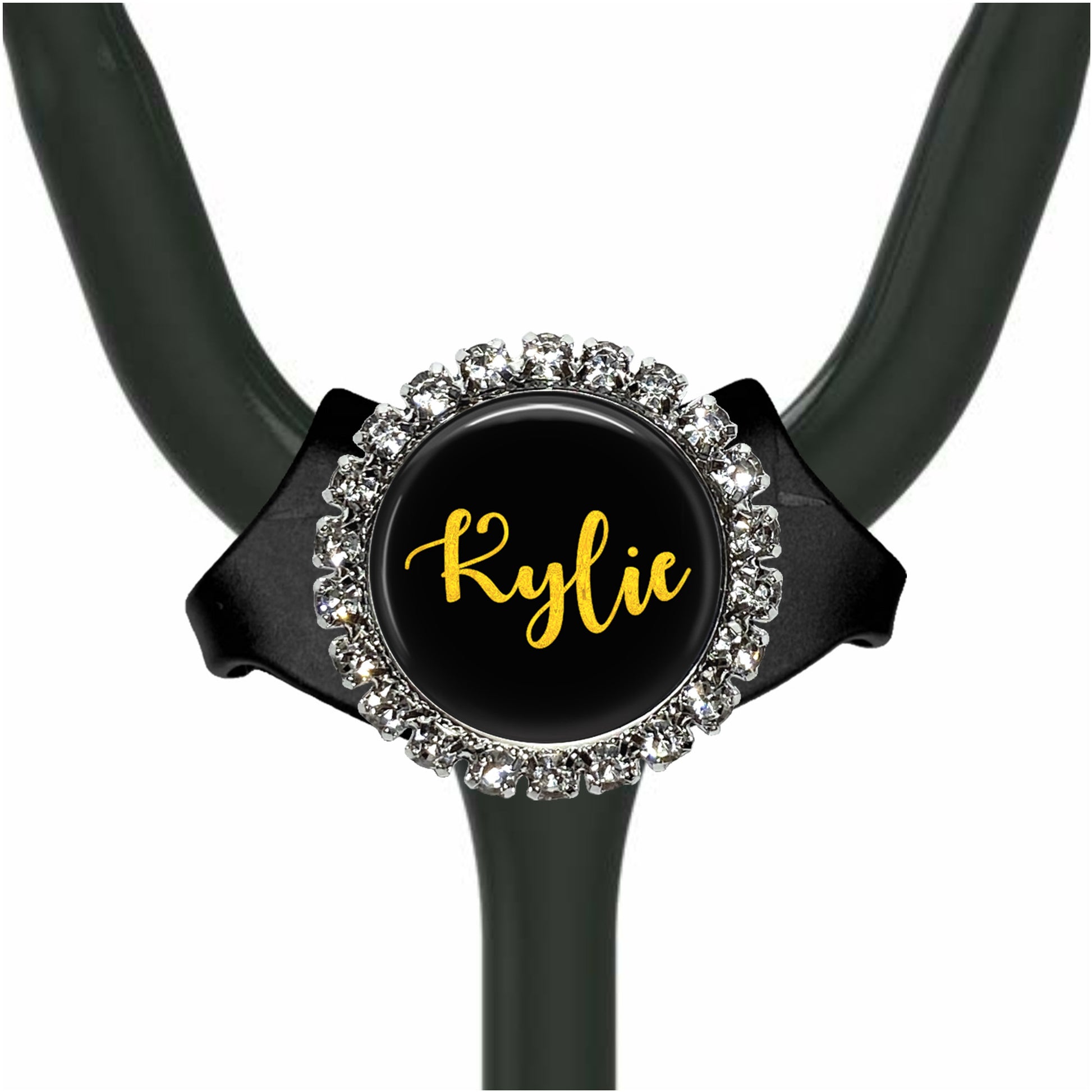 A black and silver stethoscope with a personalized name badge attached to it.