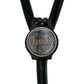 A black stethoscope with a circular logo on the tubing.
