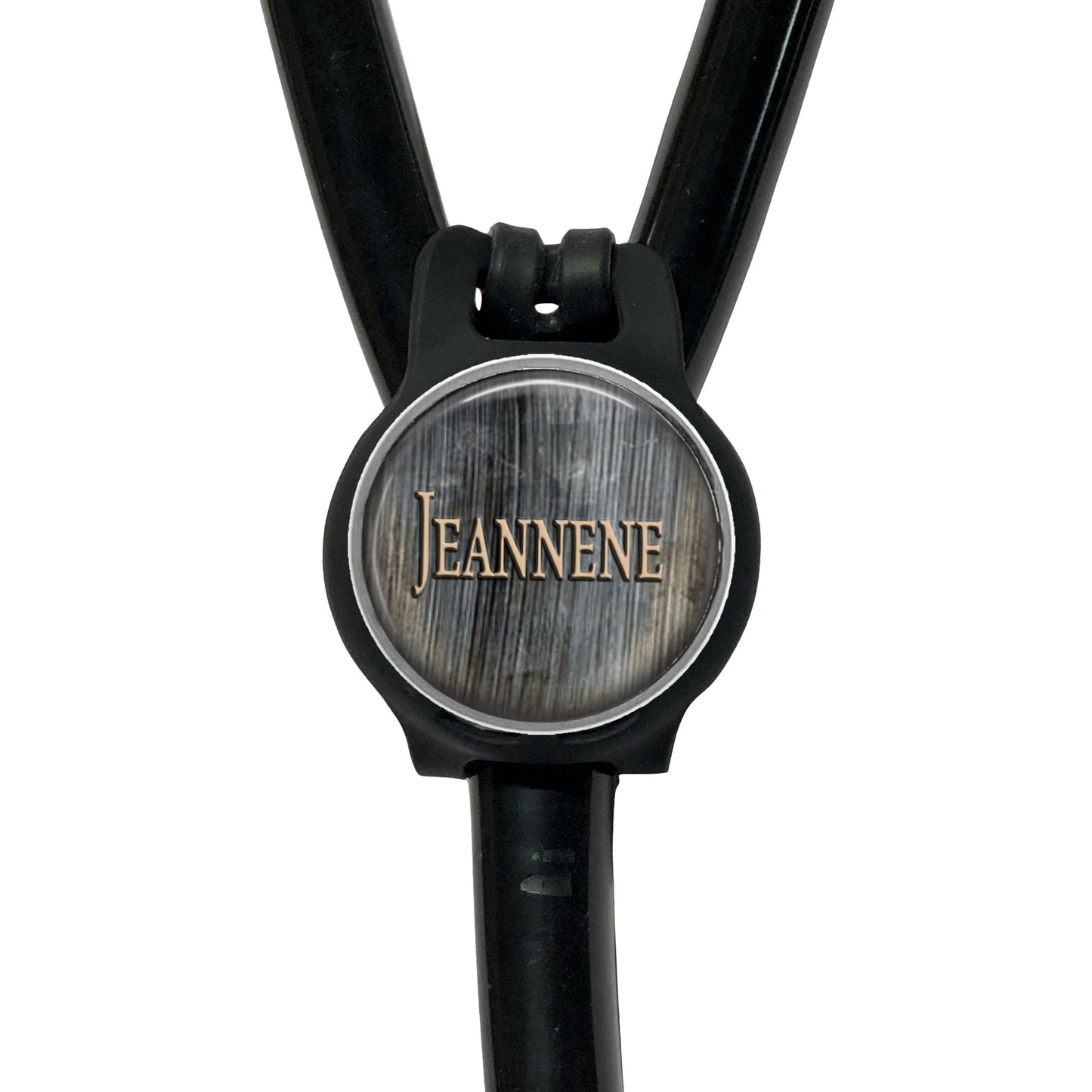 A black stethoscope with a circular logo on the tubing.