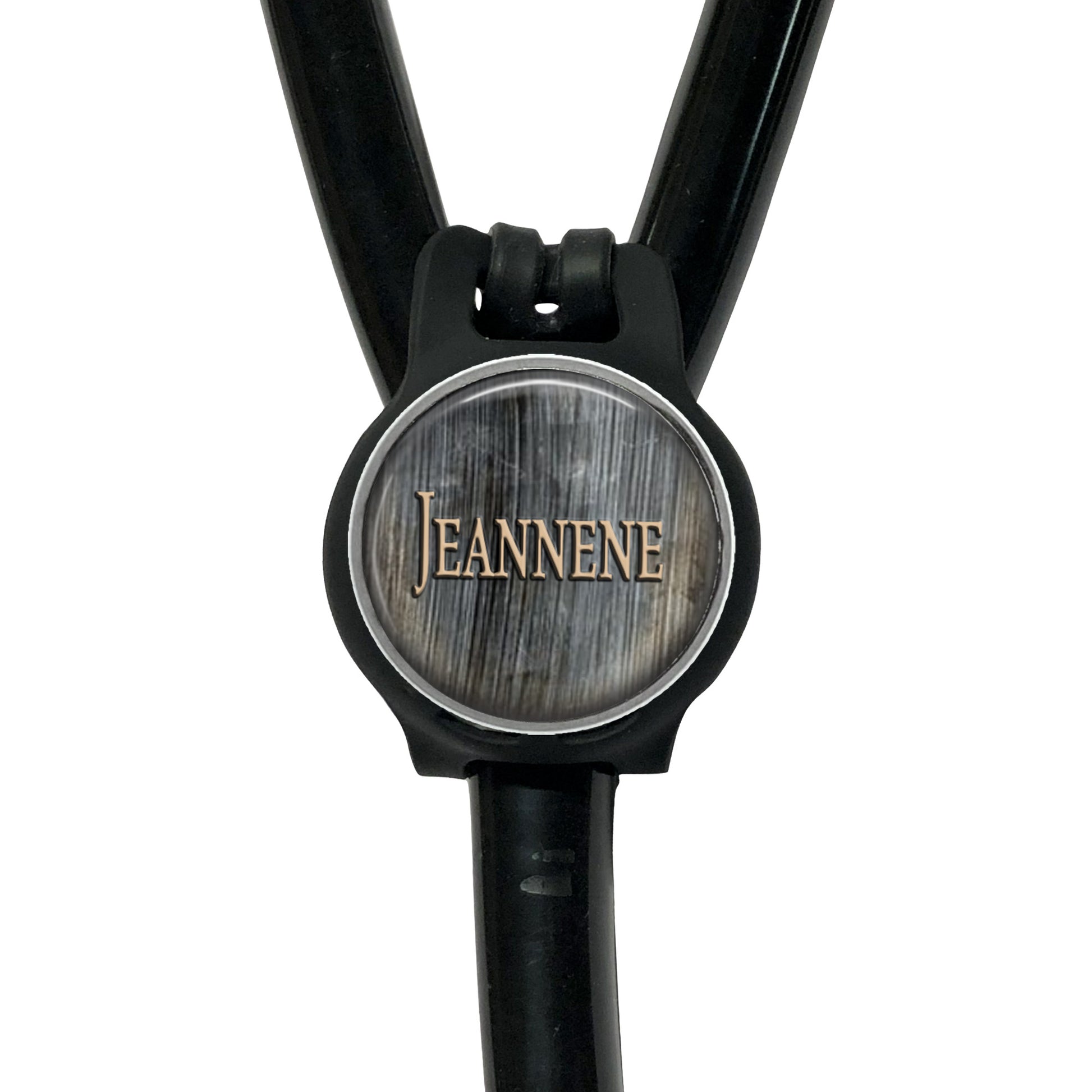 A black stethoscope with a circular logo on the tubing.