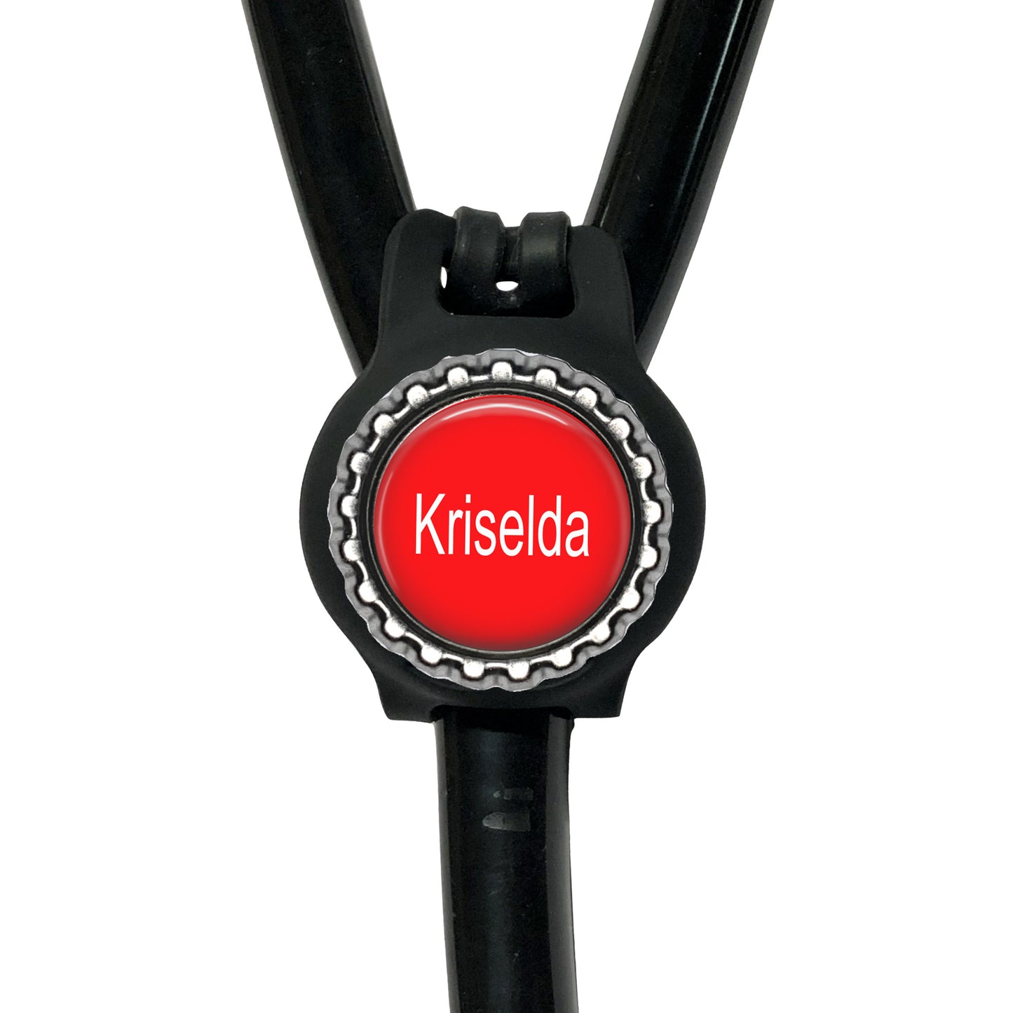 A black stethoscope with a red circular badge that says "Krisela".