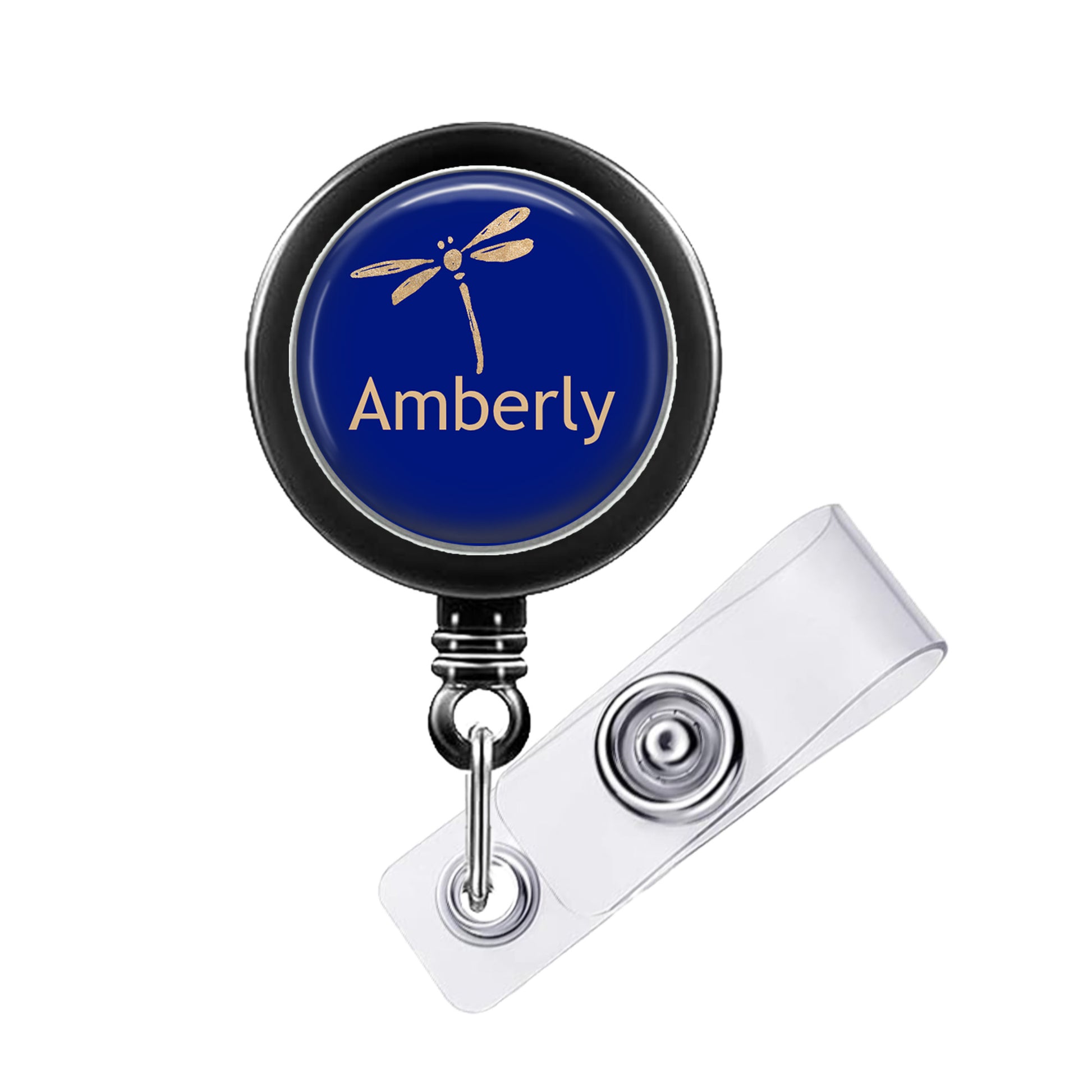 A blue badge holder with a dragonfly design and the word "Amberly" printed on it.