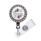 A badge holder with a decorative floral design and the name "Denise" printed on it.
