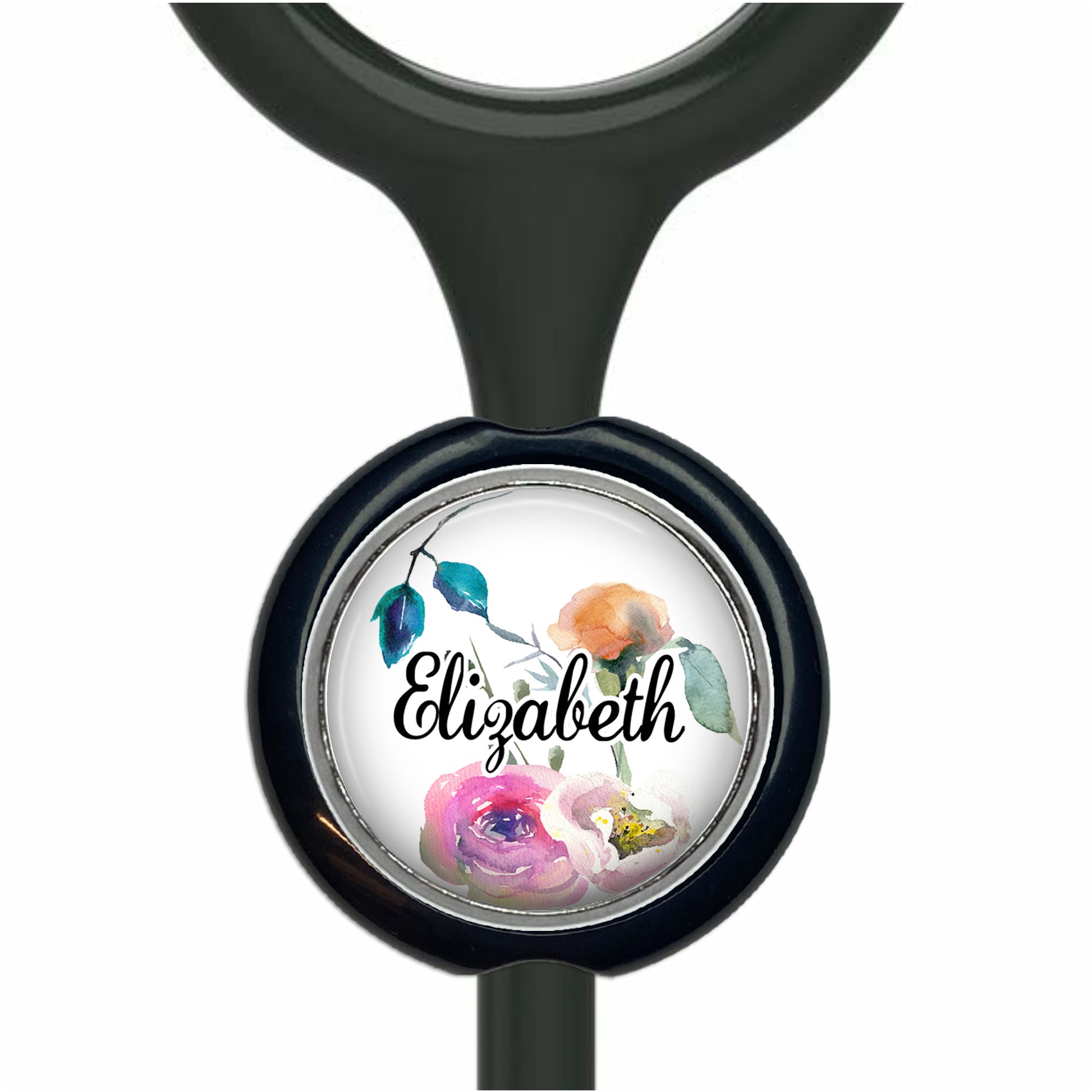 A black stethoscope with a round, black and white floral design on the front.