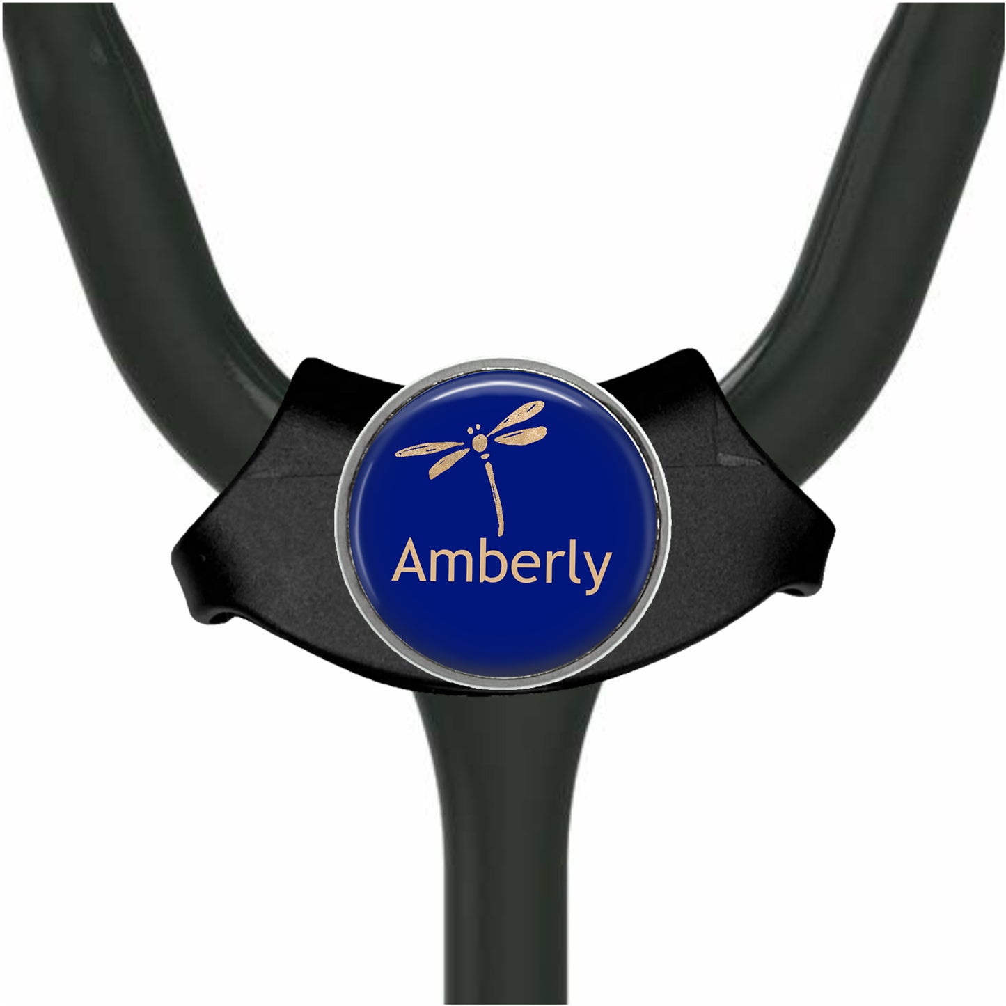 A stethoscope with a blue and gold logo on the handle, which says "Amberly".
