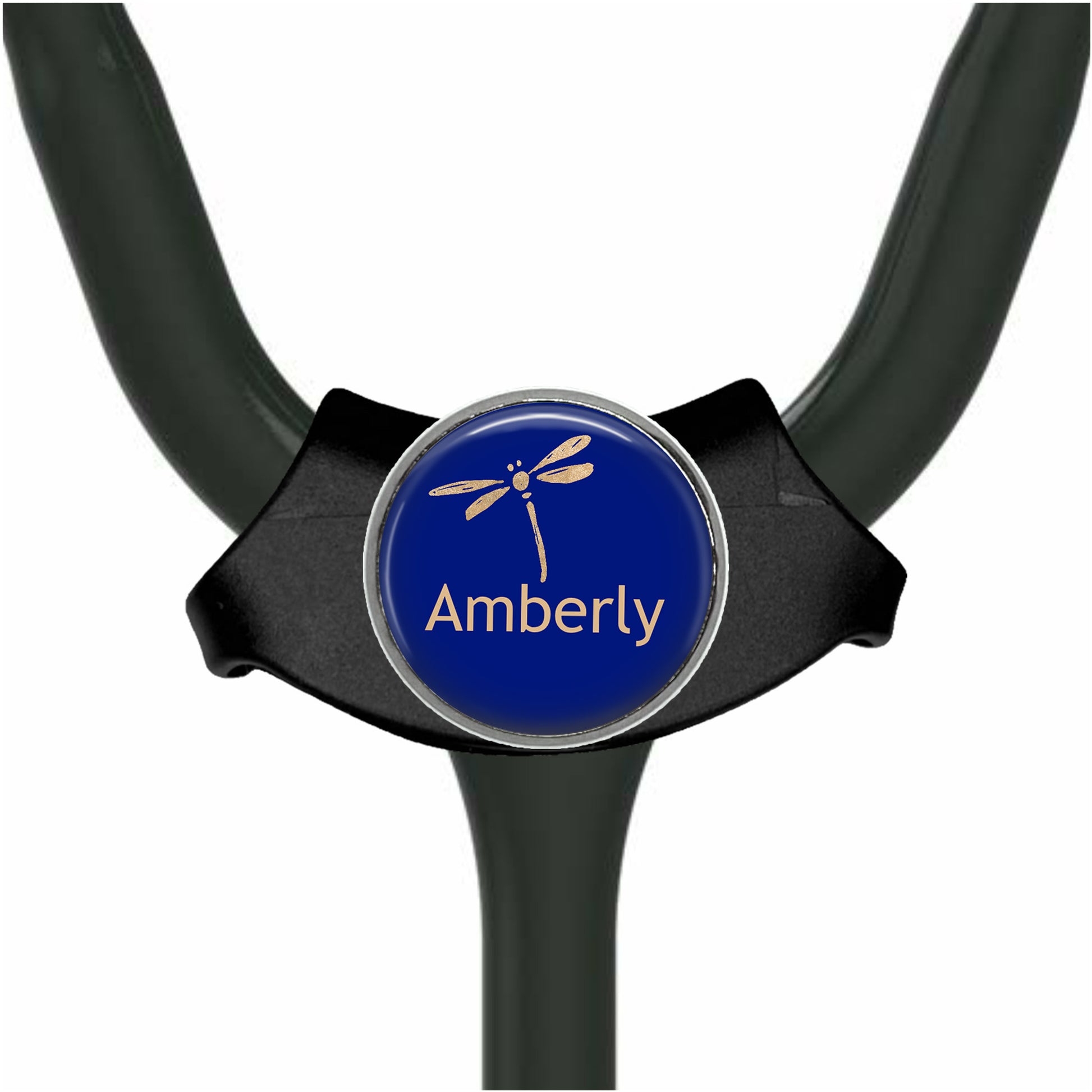 A stethoscope with a blue and gold logo on the handle, which says "Amberly".