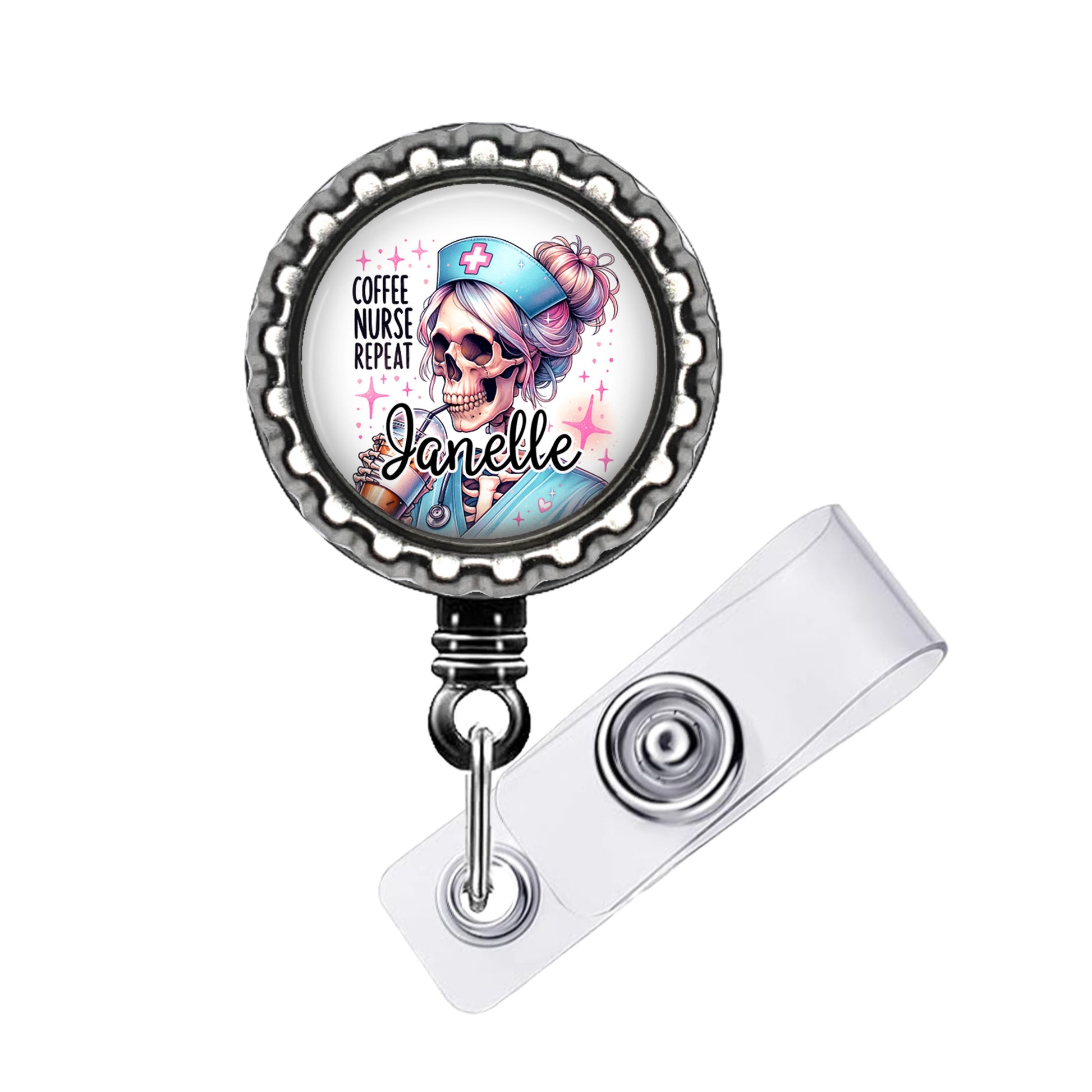 A round badge with a skull wearing a nurse's hat and the text "Coffee nurse repeat Janelle" printed on it.
