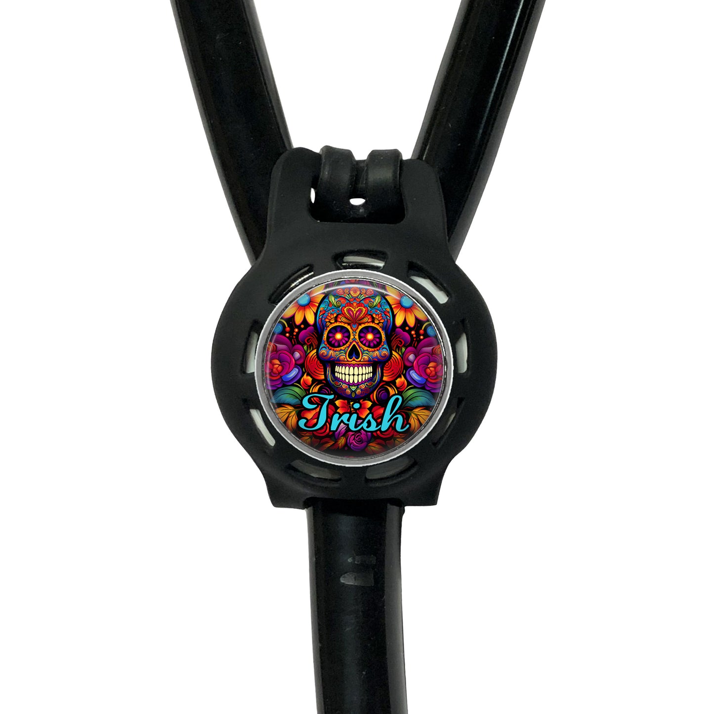 A black stethoscope with a colorful, circular charm featuring a skull design and the word "Irish" written on it.