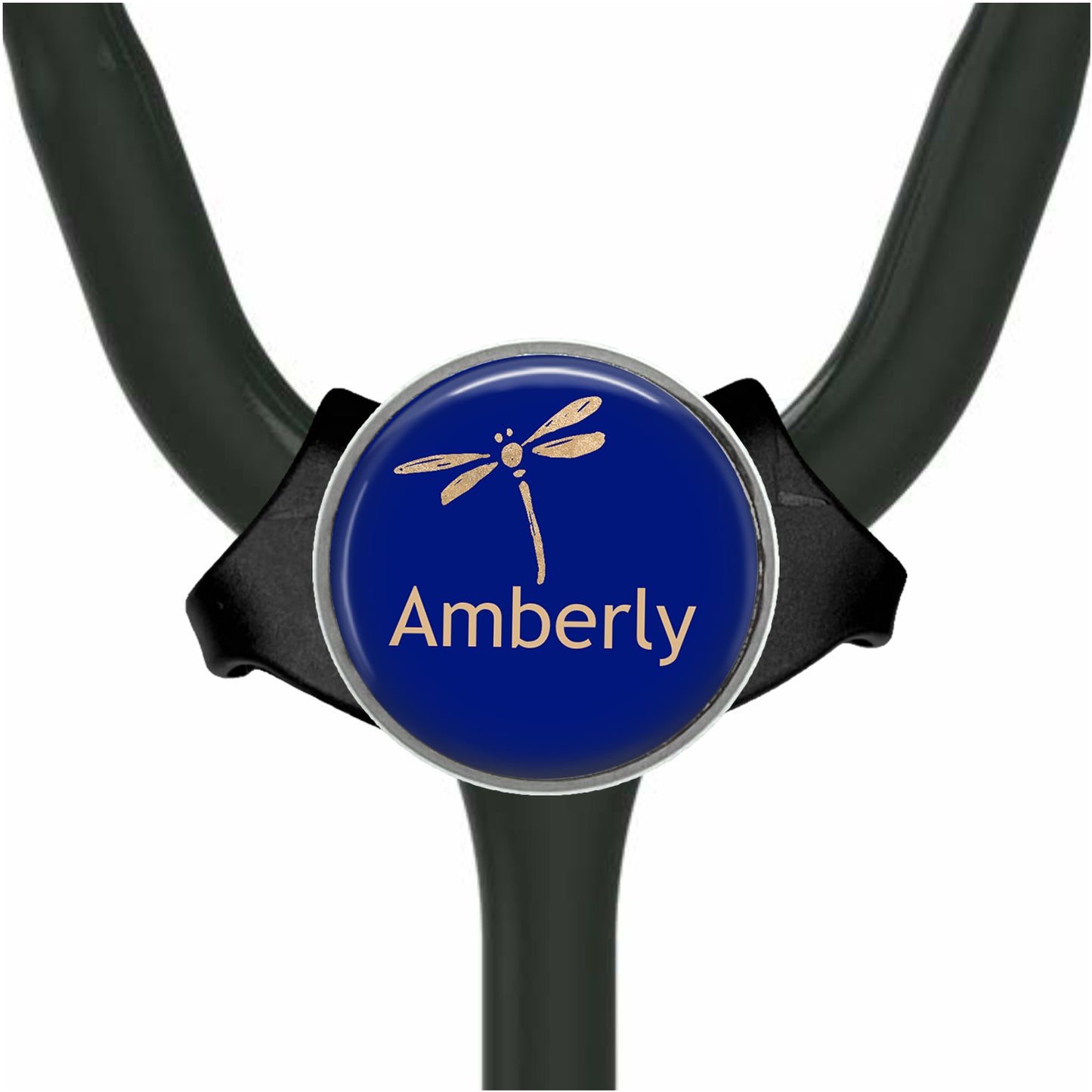 A blue stethoscope with a personalized name badge attached to it.