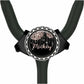 A black stethoscope with a round, black and silver badge featuring the name "Mickey" and a floral design.