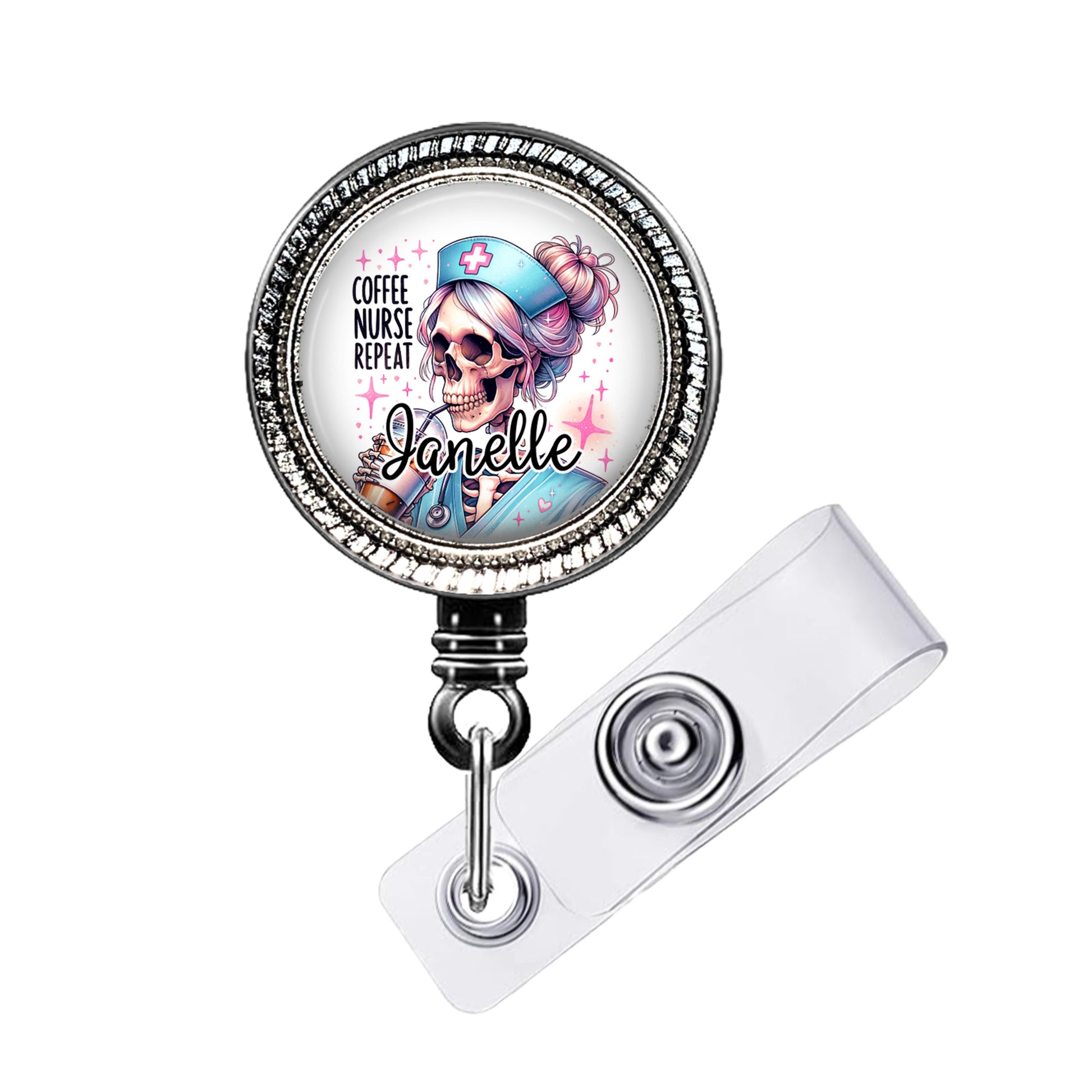 A round badge holder with a cartoon image of a skeleton wearing a nurse's outfit and the name Janelle.