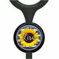 A black stethoscope with a round, black and blue circular charm featuring a yellow sunflower and the name "Lisa" written on it.