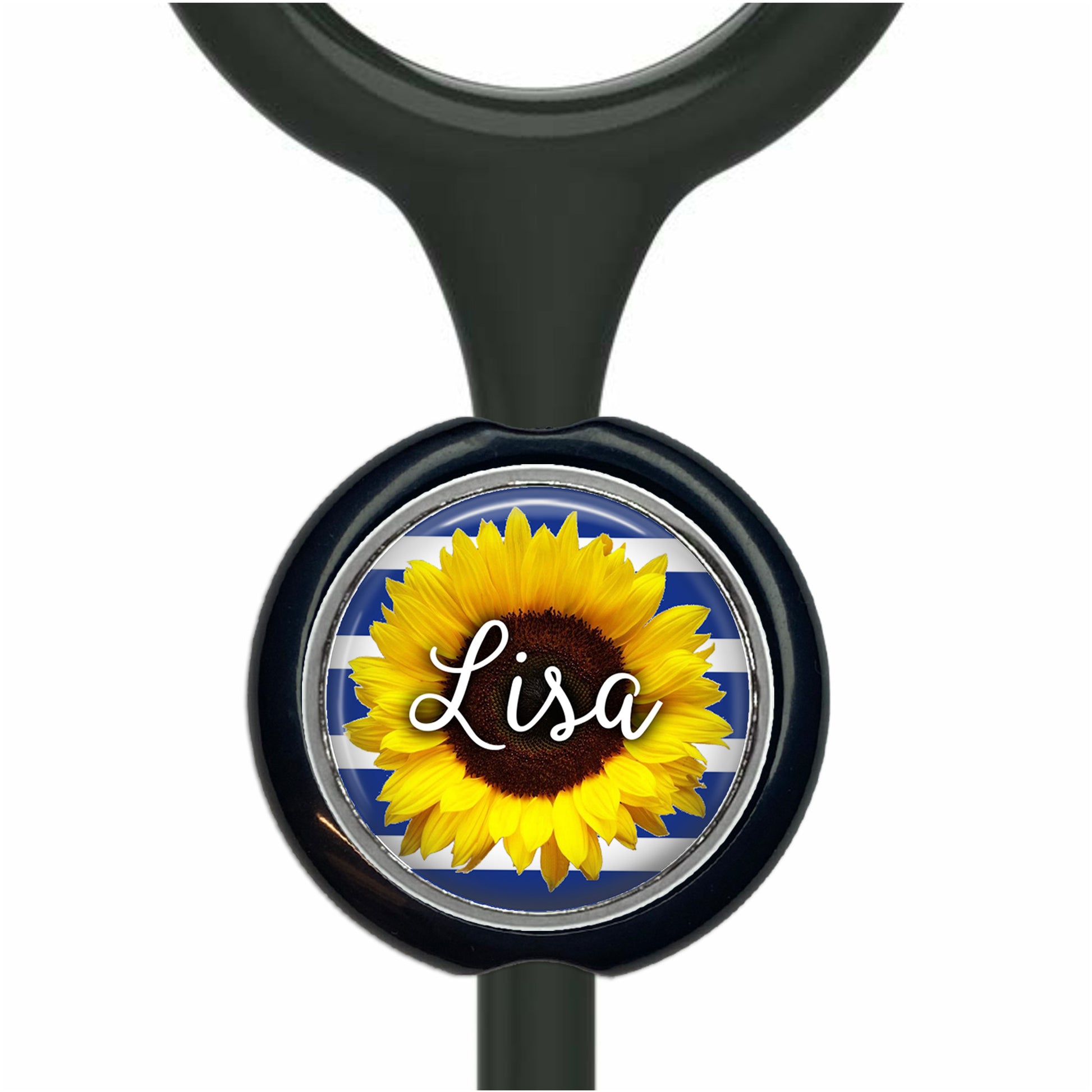 A black stethoscope with a round, black and blue circular charm featuring a yellow sunflower and the name "Lisa" written on it.