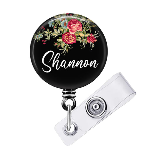 Red Flowers Retractable ID Badge Reel Holder