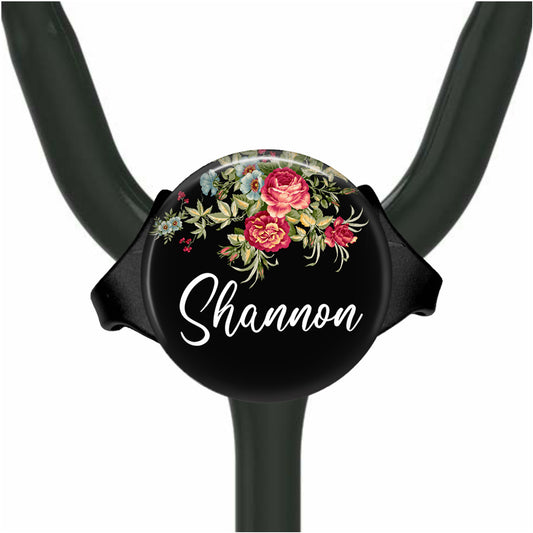 Red Flowers Yoke Stethoscope Id Name Tag Personalized