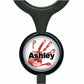 A black stethoscope with a round black and white handprint design featuring the name "Ashley" in black text.