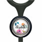A black stethoscope with a round, decorative charm featuring a floral design and the name "Eliza" written on it.
