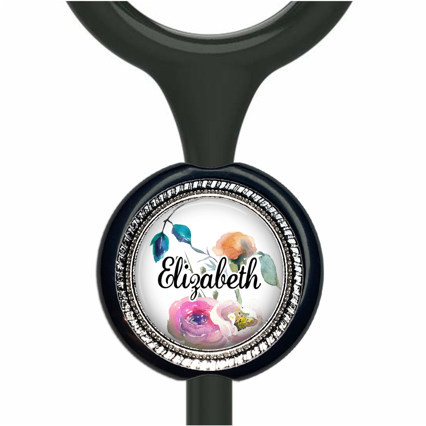 A black stethoscope with a round, decorative charm featuring a floral design and the name "Eliza" written on it.