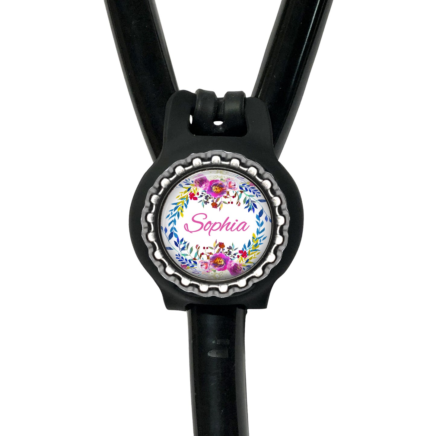 A black stethoscope with a personalized nameplate attached to it.