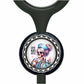 A black stethoscope with a round metal cap featuring a cartoon image of a skeleton wearing a nurse's outfit and the text "Coffee Nurse Repeat".
