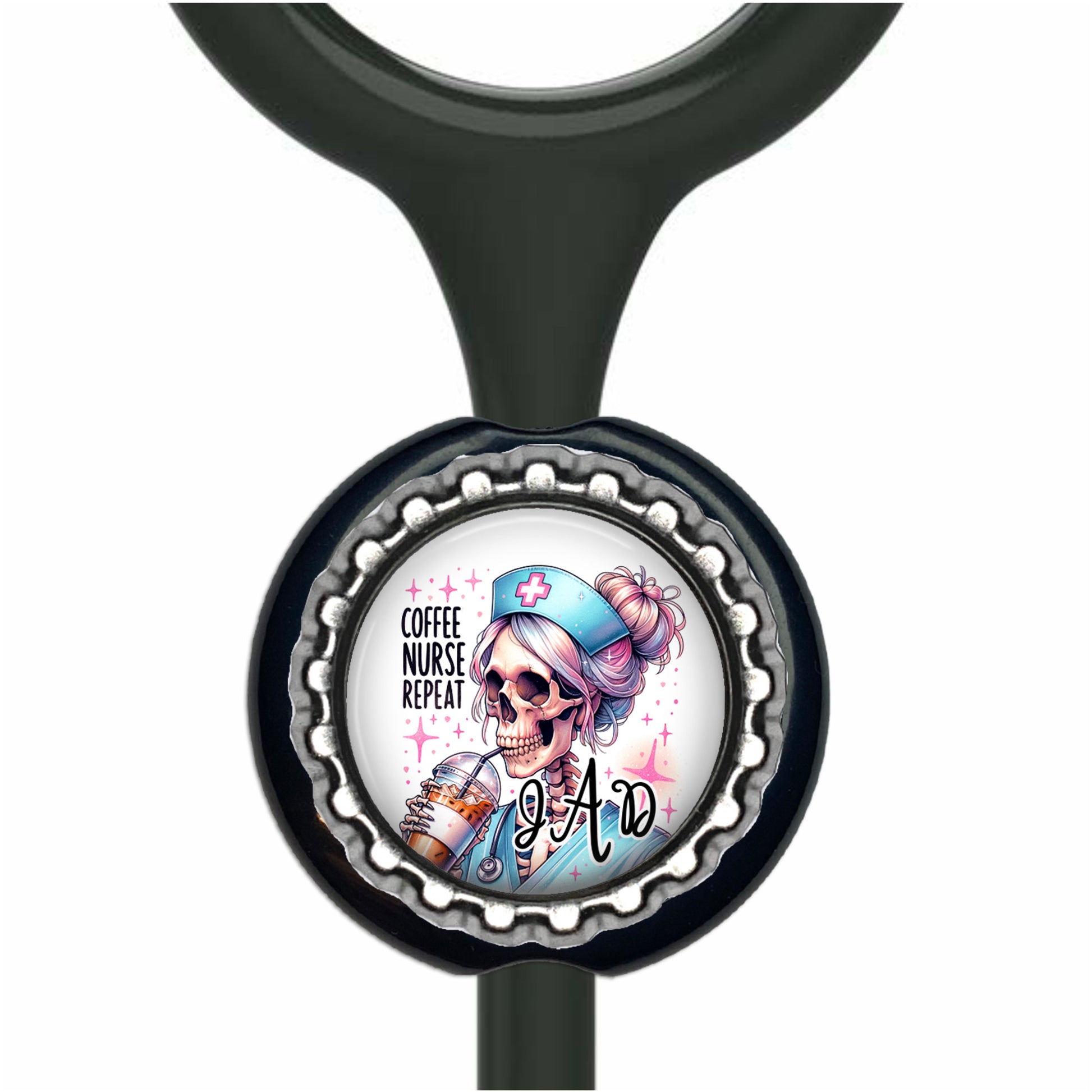 A black stethoscope with a round metal cap featuring a cartoon image of a skeleton wearing a nurse's outfit and the text "Coffee Nurse Repeat".