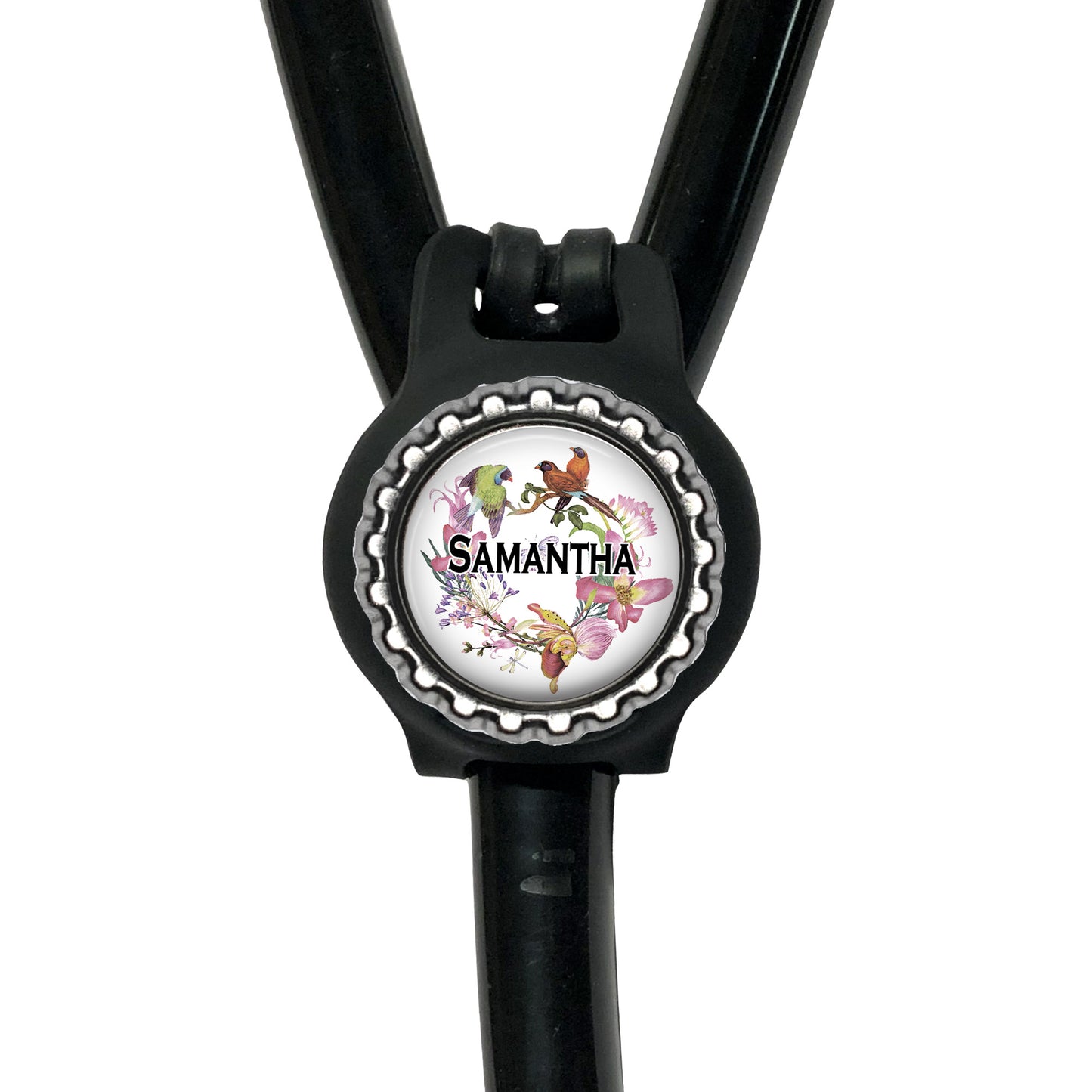 A black stethoscope with a personalized nameplate attached to it.
