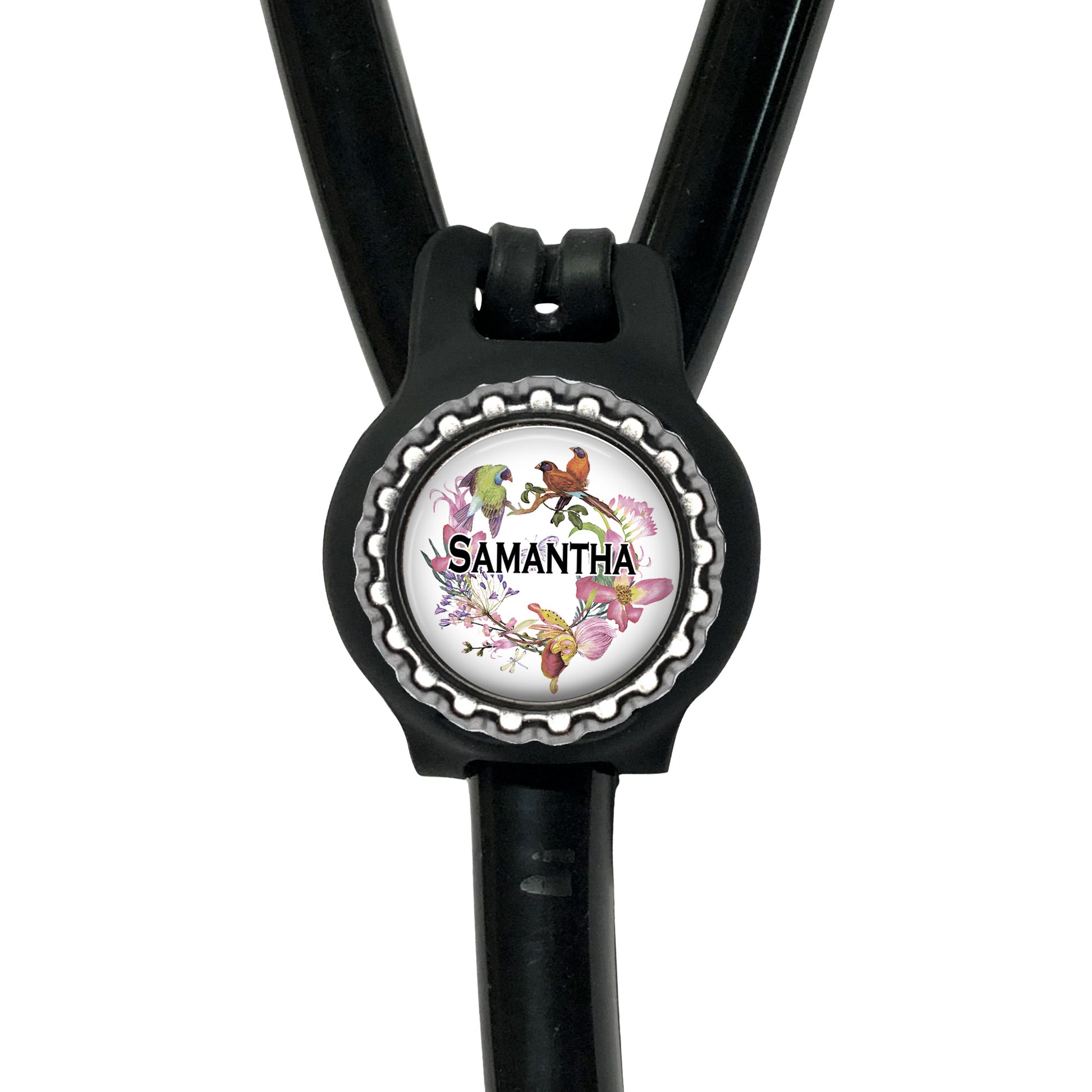 A black stethoscope with a personalized nameplate attached to it.