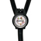 A black stethoscope with a personalized nameplate attached to it.