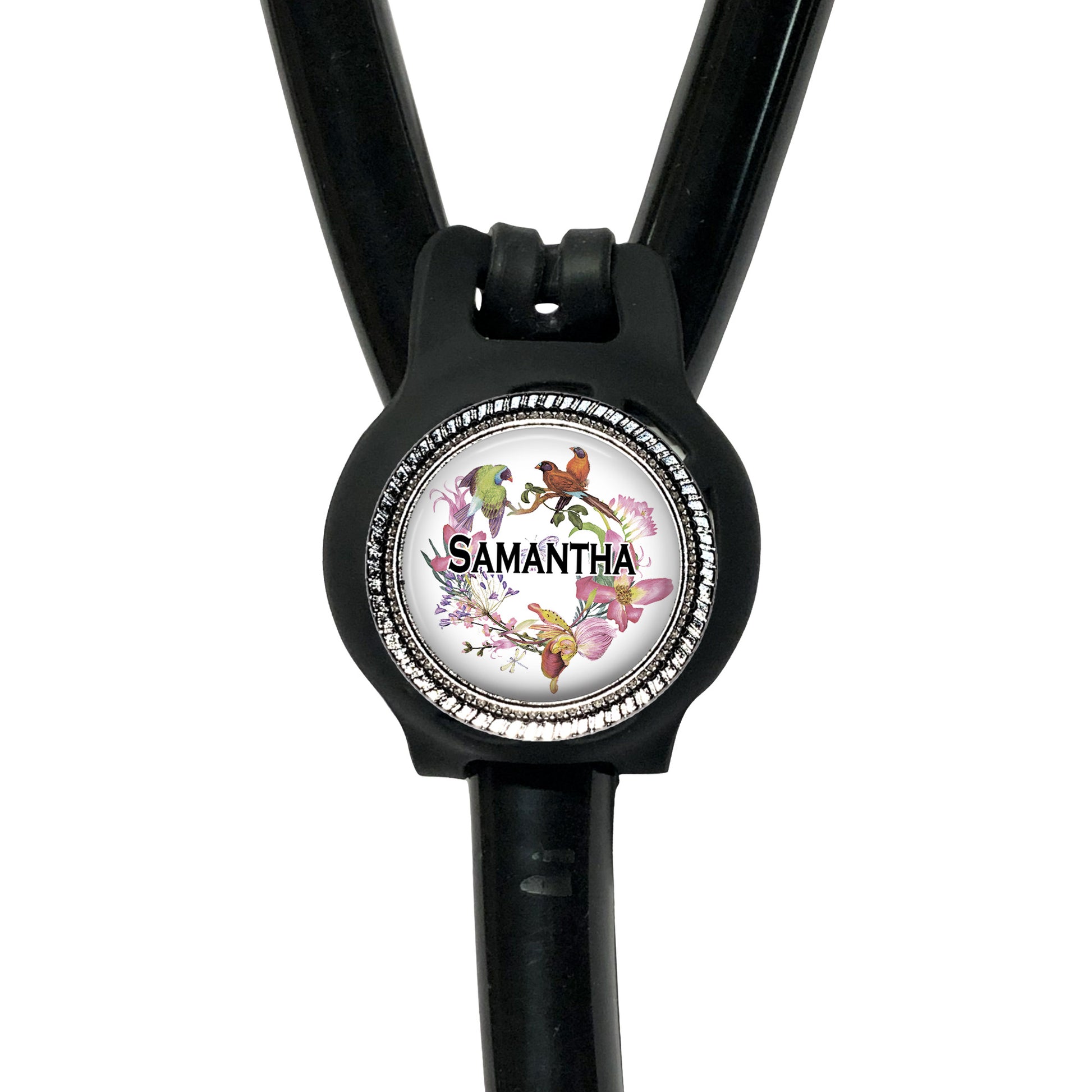 A black stethoscope with a personalized nameplate attached to it.