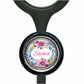 A black stethoscope with a round, personalized nameplate attached to it.