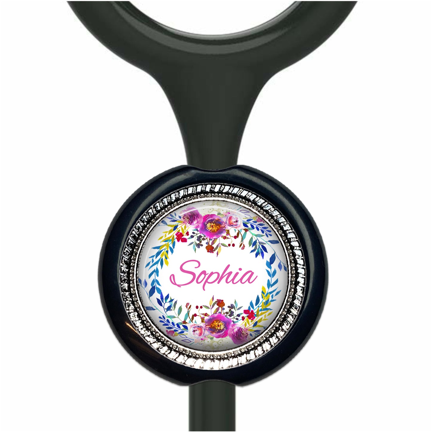 A black stethoscope with a round, personalized nameplate attached to it.