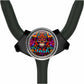A black stethoscope with a colorful, circular design featuring a skull and floral patterns.