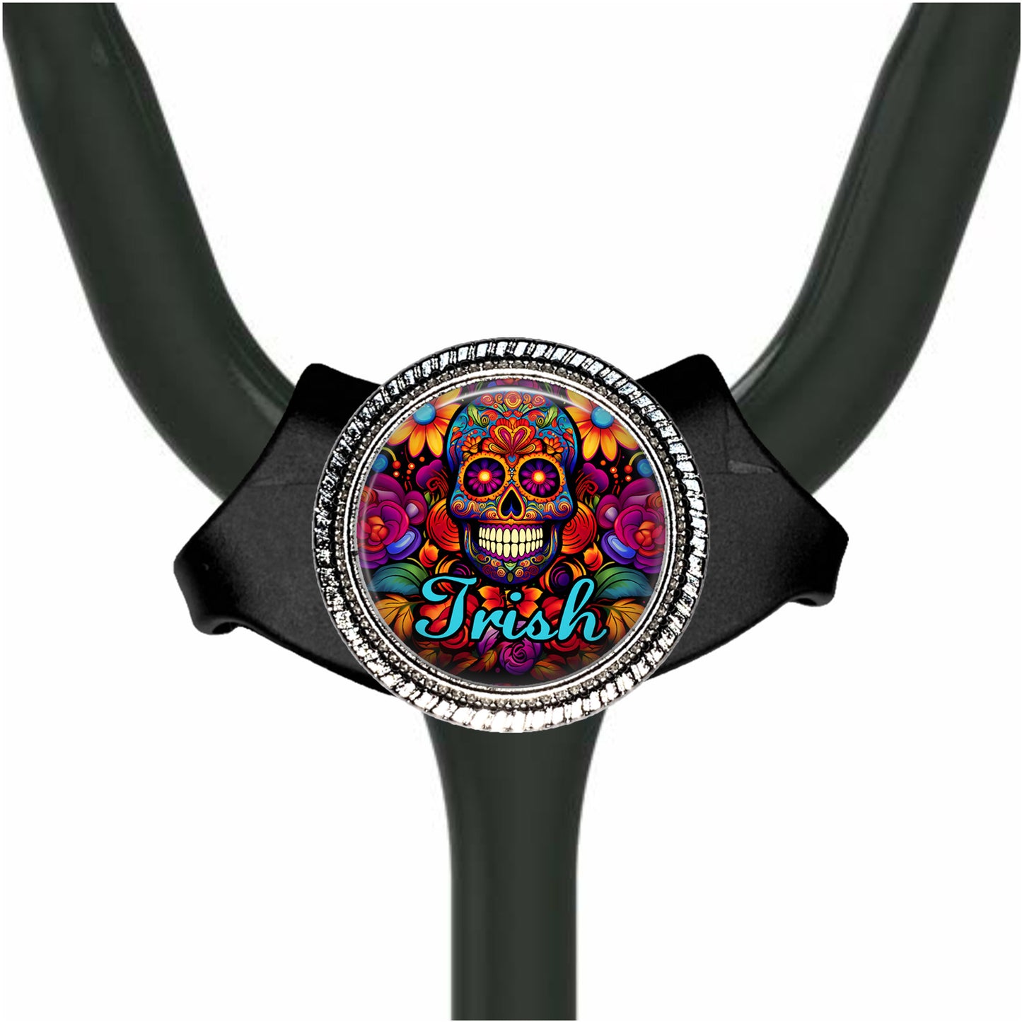 A black stethoscope with a colorful, circular design featuring a skull and floral patterns.