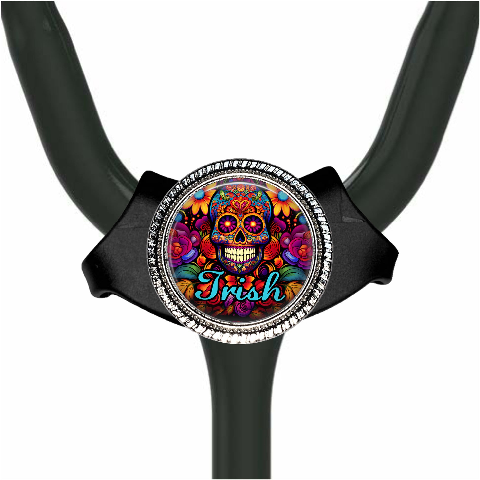 A black stethoscope with a colorful, circular design featuring a skull and floral patterns.