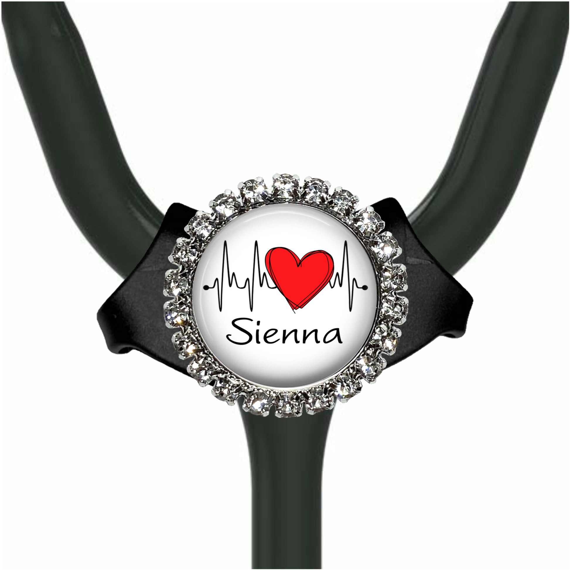 A personalized name badge with a stethoscope and a heart symbol.