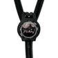 A black stethoscope with a round, personalized name tag attached to it.