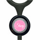 A black stethoscope with a personalized nameplate attached to it.