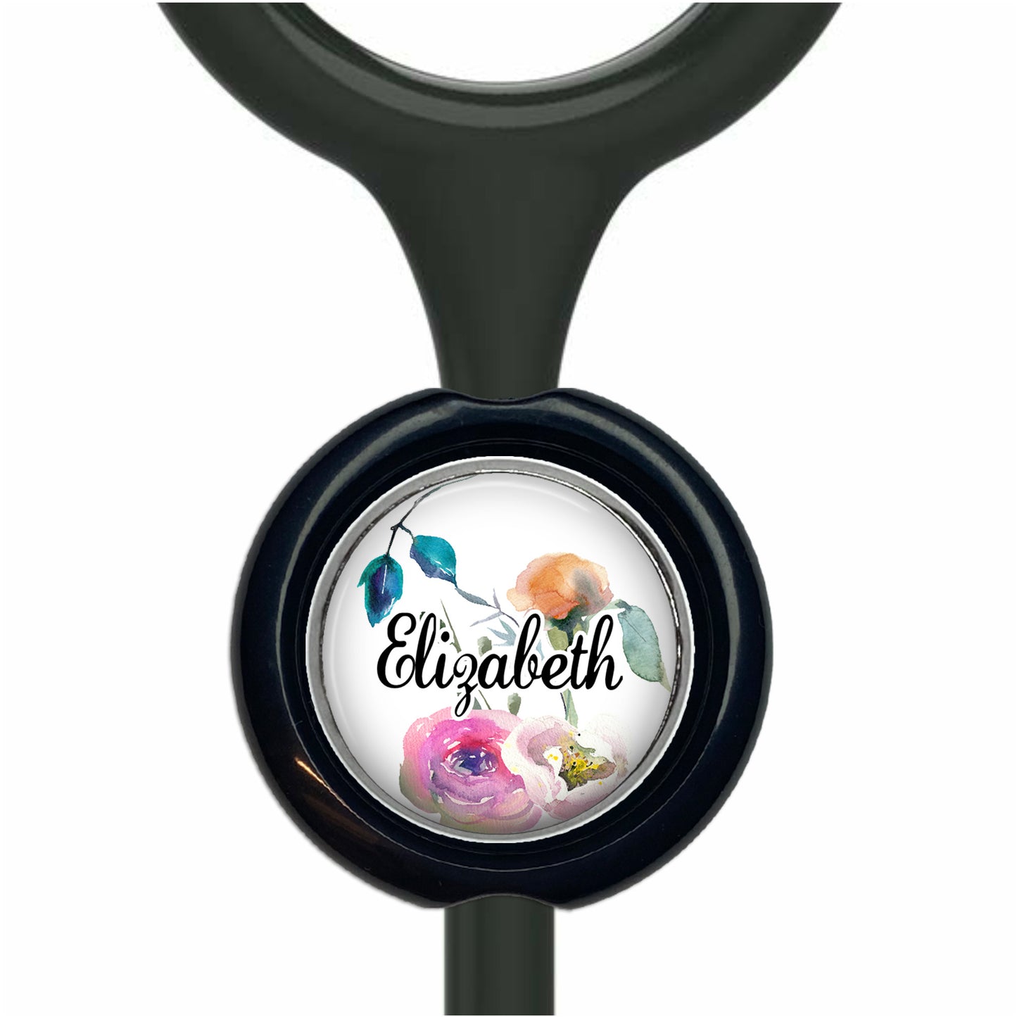 A black stethoscope with a round, personalized nameplate attached to it.