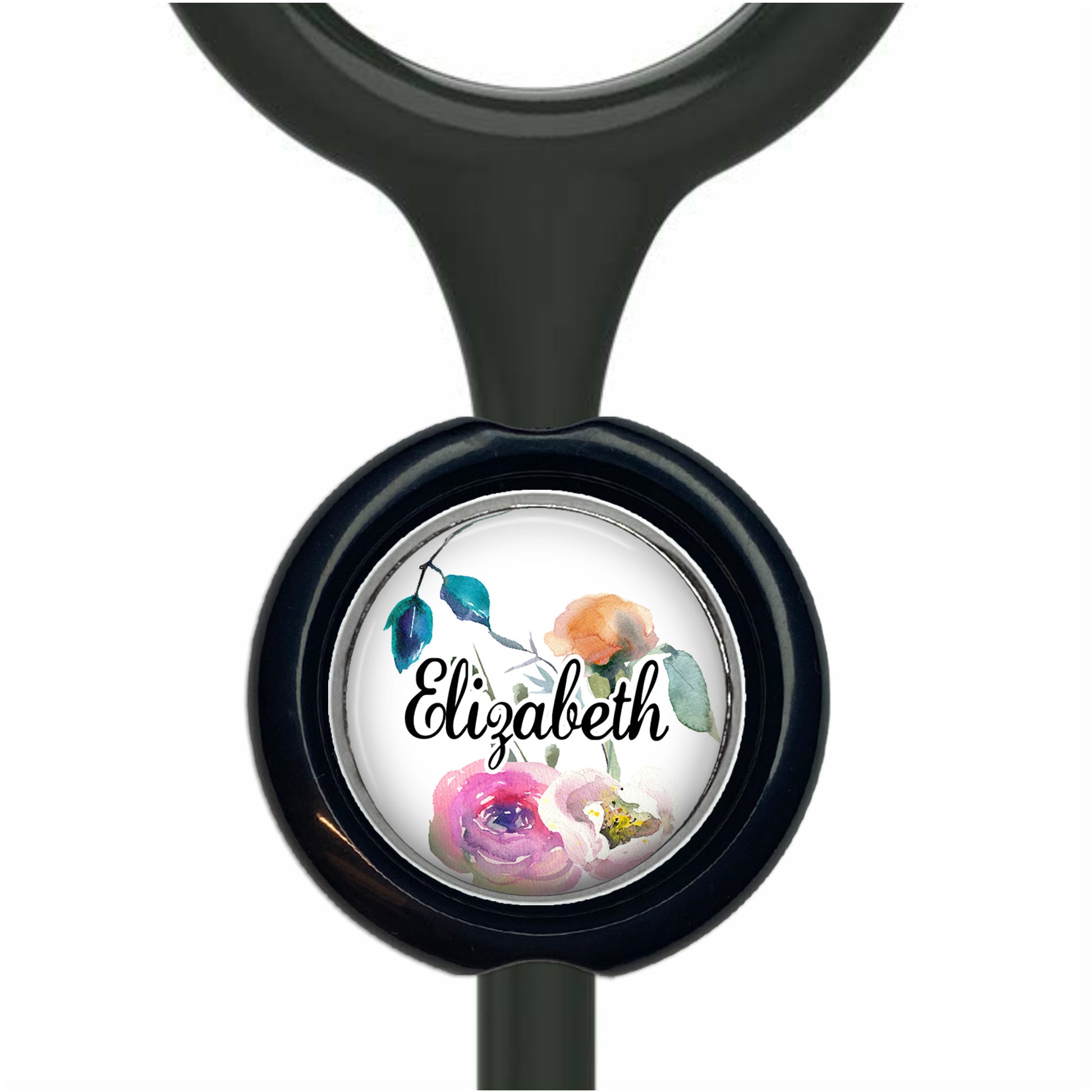 A black stethoscope with a round, personalized nameplate attached to it.