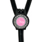 A black stethoscope with a personalized name tag attached to it.