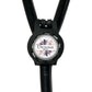 A black stethoscope with a round decal on it, displaying the word "Denise RN".