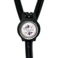 A black stethoscope with a round badge on the tubing, displaying the text "Denise RN".